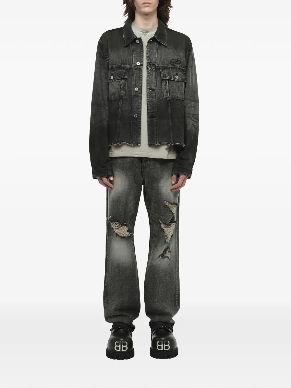 We11done Gerafeld denim jack met donkere spray Grijs
