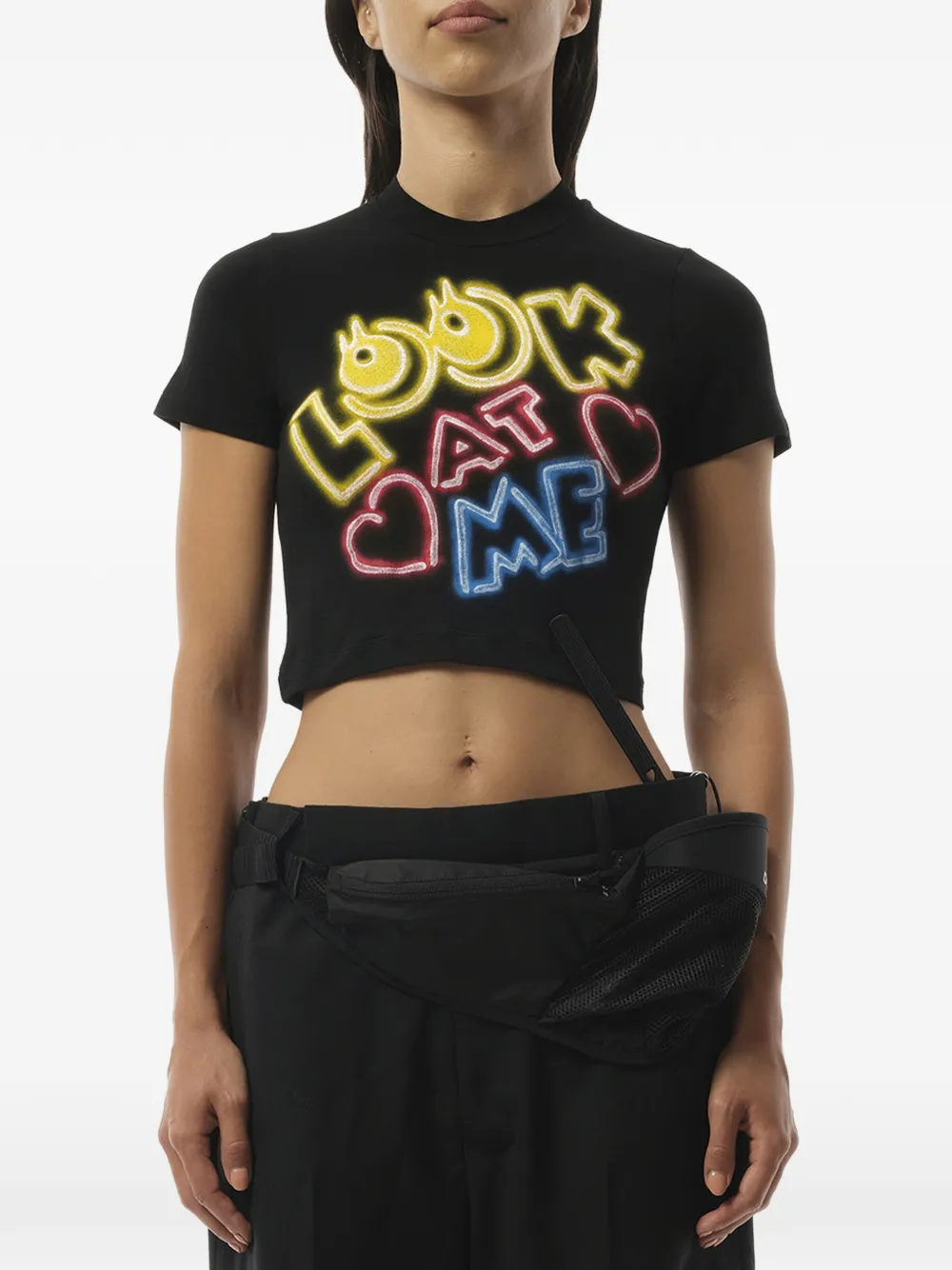 Doublet English Fan-Service cropped T-shirt met neonprint Zwart
