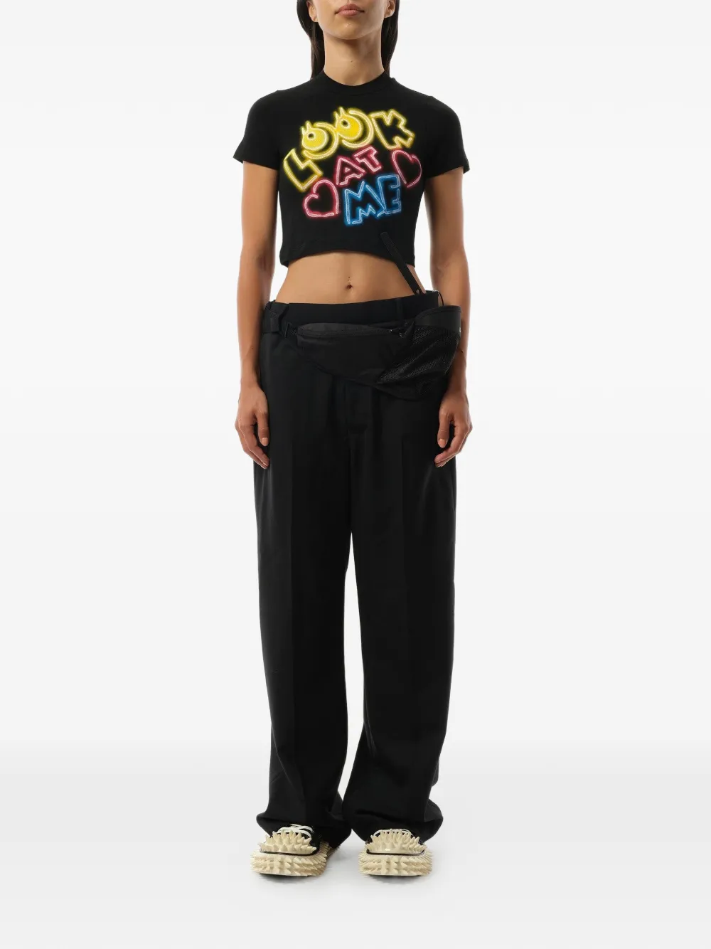 Doublet English Fan-Service cropped T-shirt met neonprint Zwart
