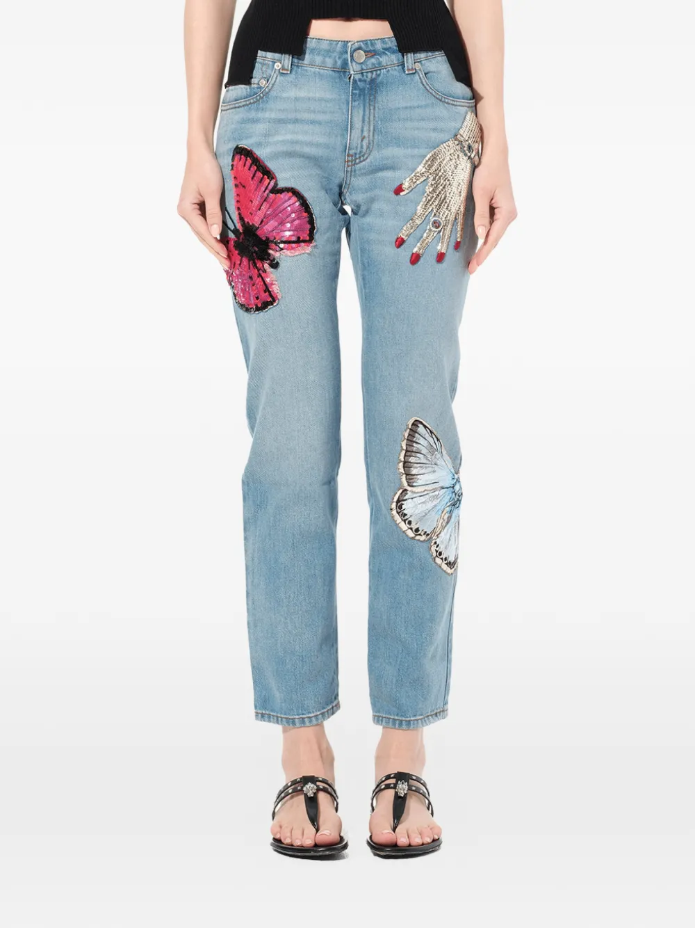 Alexander McQueen sequin-embellished butterfly-print jeans - Blau