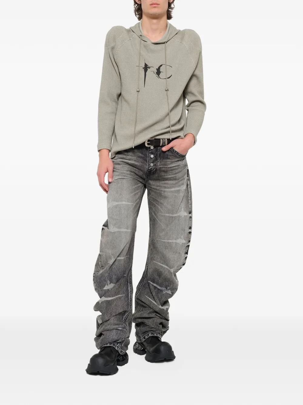 THUG CLUB Bulk Shoulder wafelgebreide hoodie Groen