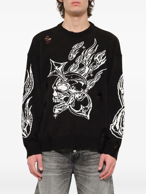 THUG CLUB Chrome Skull distressed-knit Sweater | Black | FARFETCH KW