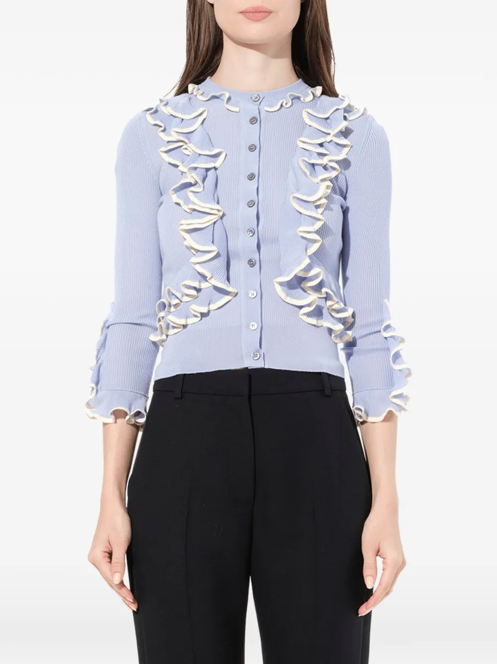 Alexander McQueen ruffle-trim knit cardigan - Blu