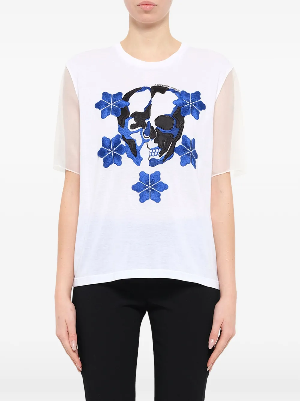 Alexander McQueen skull-print mesh-sleeve T-shirt - Weiß