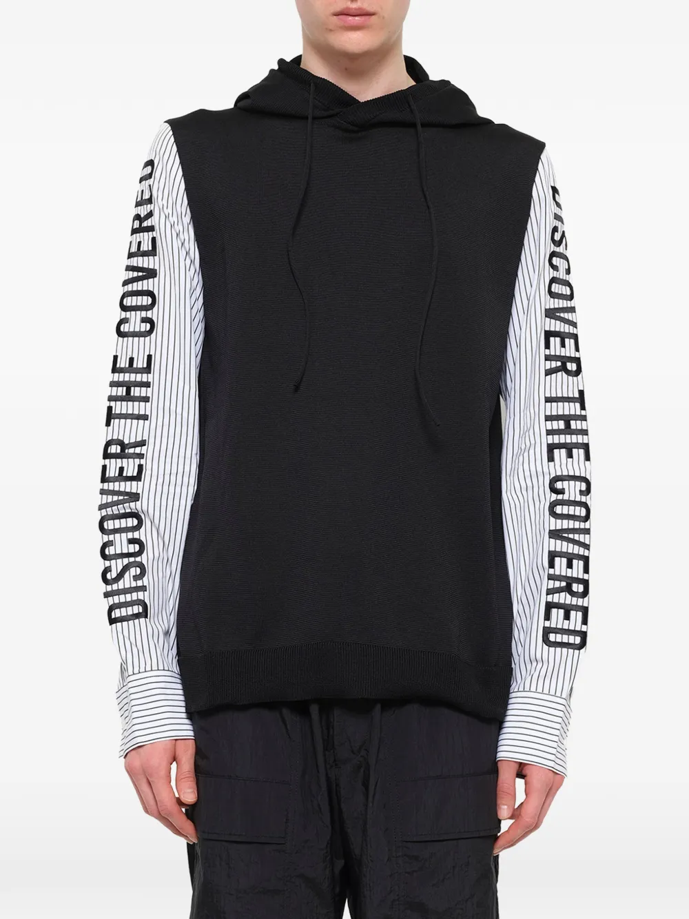 Juun.J striped-sleeve layered-effect hoodie - Black