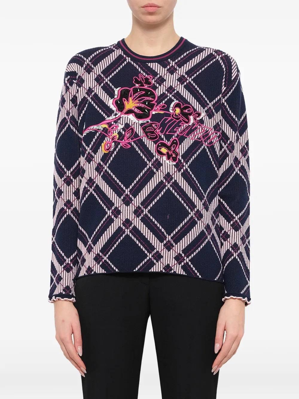 Kenzo check-pattern floral-embroidered sweater - Blu
