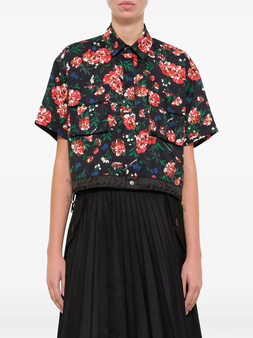 sacai Overhemd met bloemenprint en klepzak Zwart