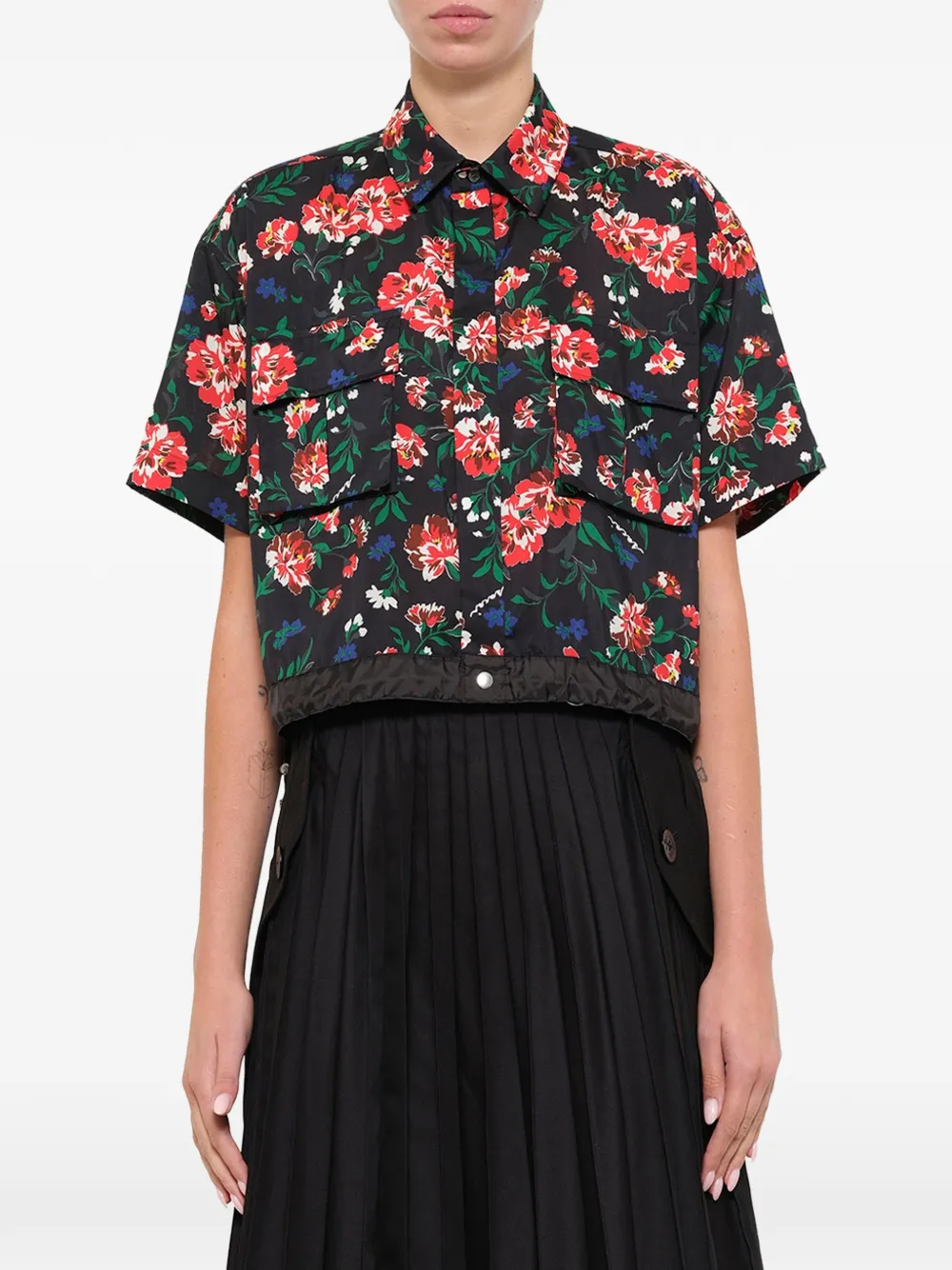sacai Overhemd met bloemenprint en klepzak Zwart