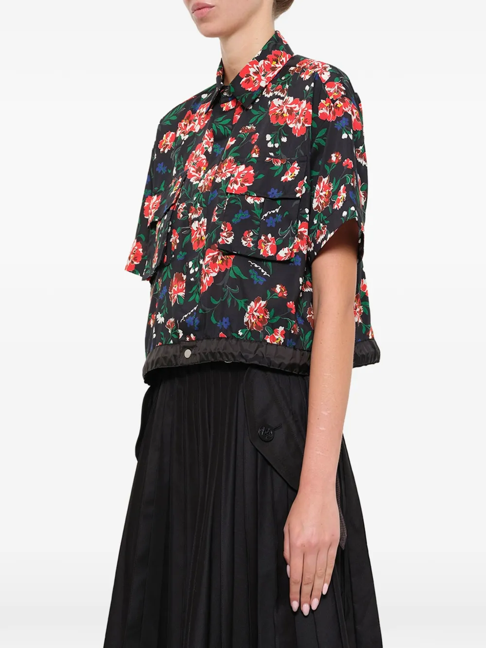 sacai Overhemd met bloemenprint en klepzak Zwart
