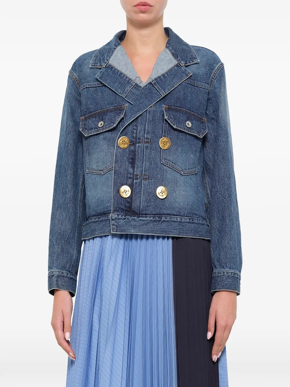 Sacai ダブルブレスト デニムジャケット | ブルー | FARFETCH JP