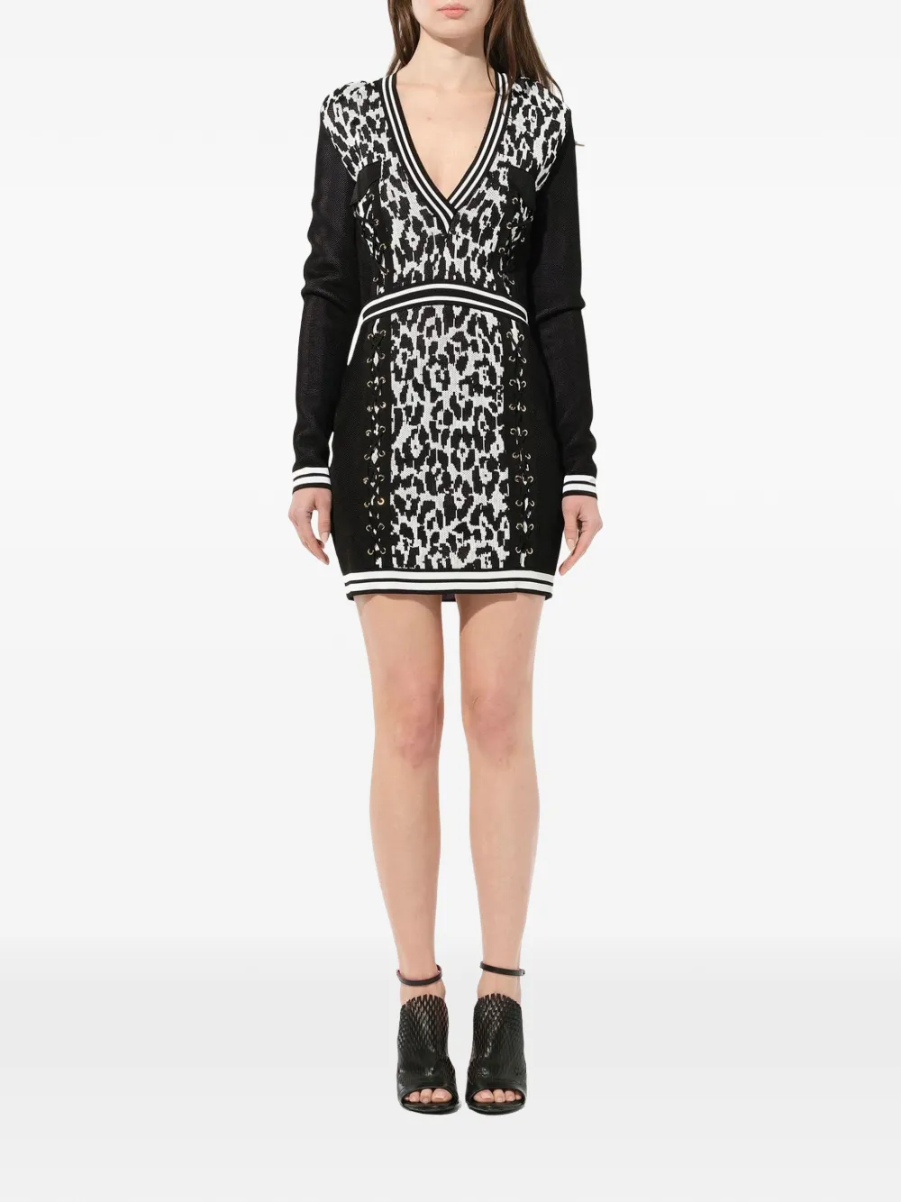 Balmain Jurk met luipaardprint en veters Zwart