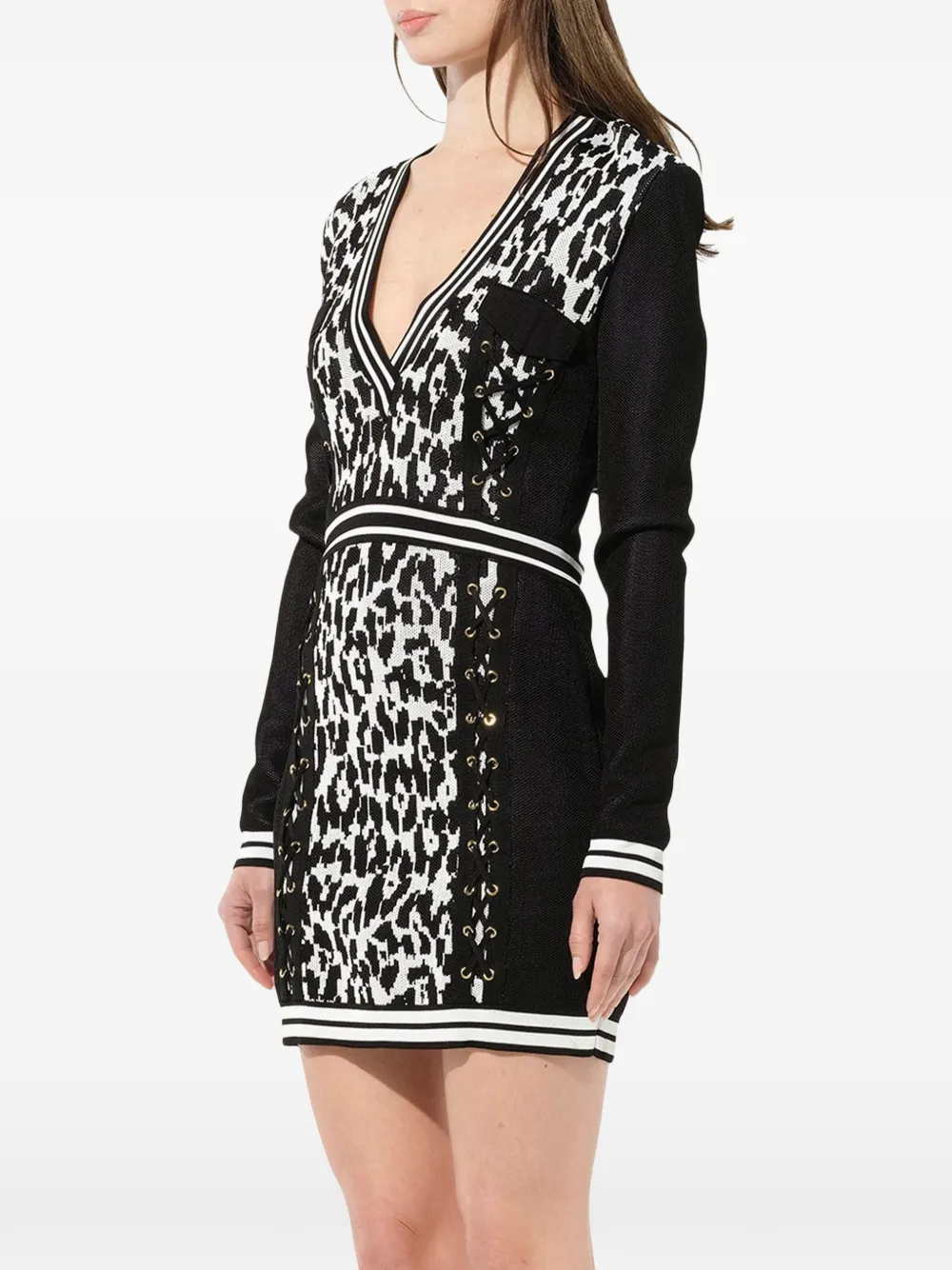 Balmain Jurk met luipaardprint en veters Zwart