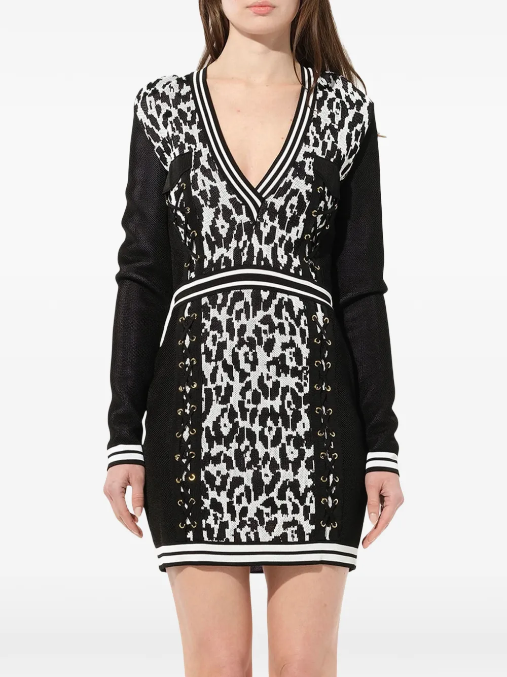 Balmain lace-up leopard-print dress - Nero