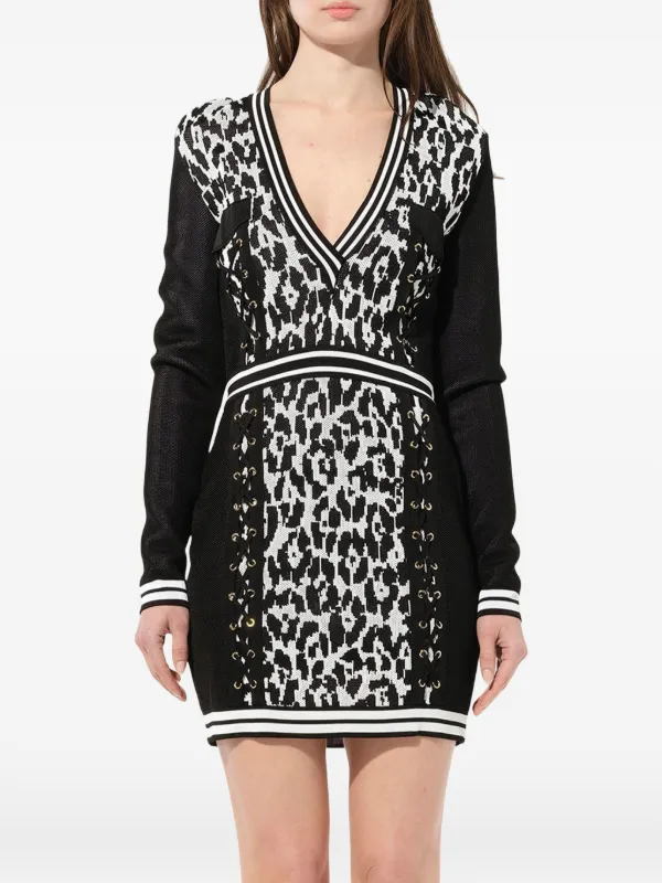 Balmain lace-up leopard-print Dress | Black | FARFETCH AO