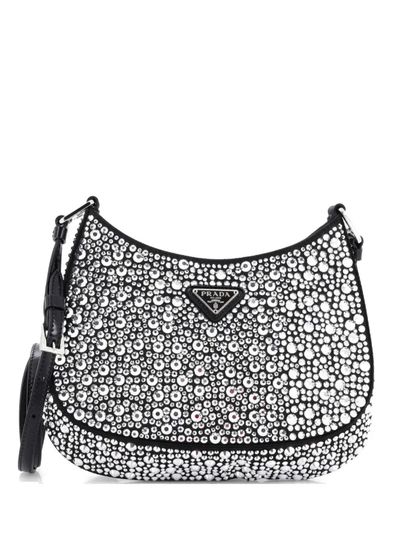 Prada Pre-owned Cleo Shoulder Bag Crystal Embellished Satin Small Crossbody Bag in Black