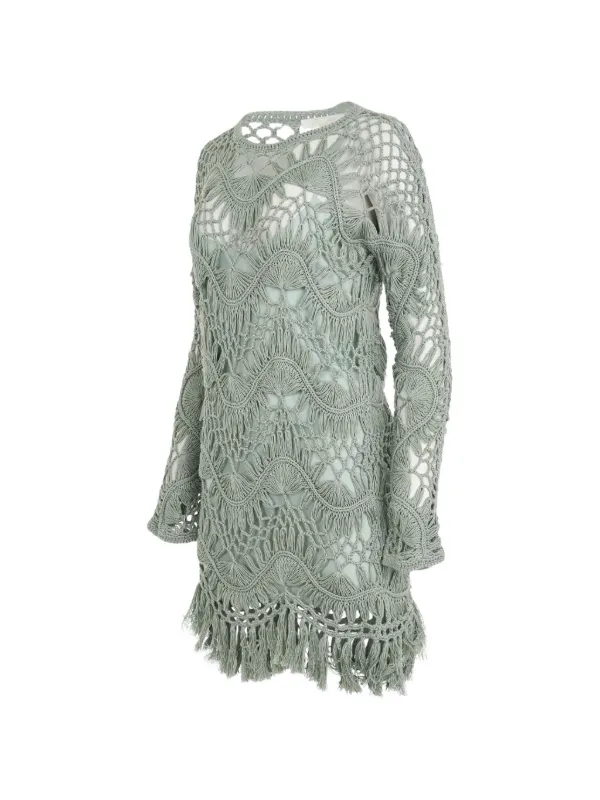 Chloé Fringed crochet-knit Mini Dress | Green