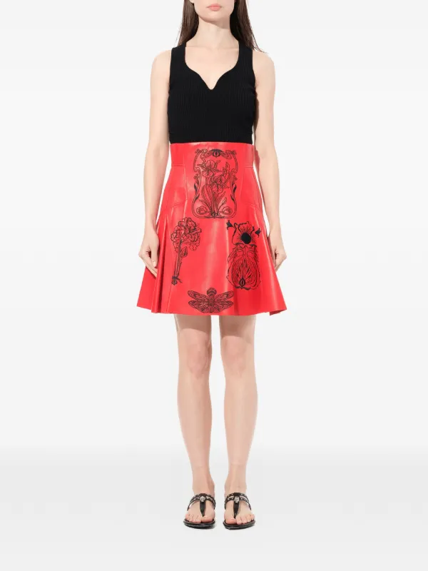 alexander mcqueen red leather dress McQueen Leather Floral Fringe Dress - Black - Women