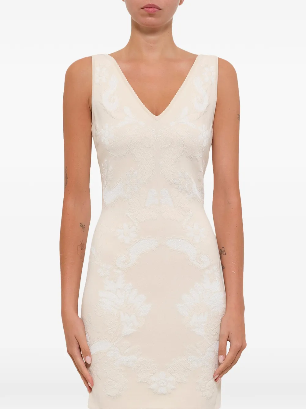 Alexander McQueen floral-jacquard V-neck dress - Nude