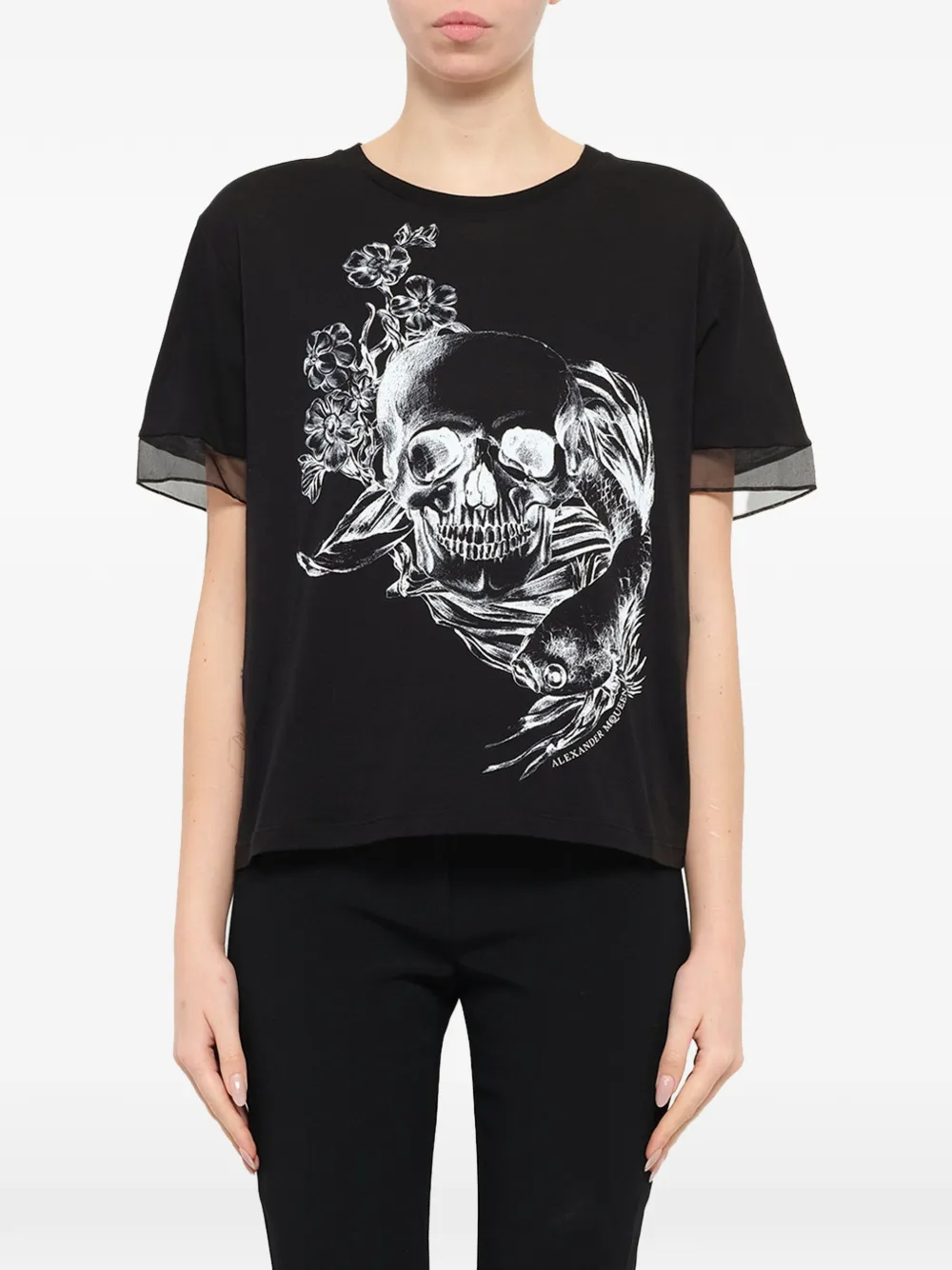 Alexander McQueen Fish Skull-printed sheer-trim T-shirt - Schwarz