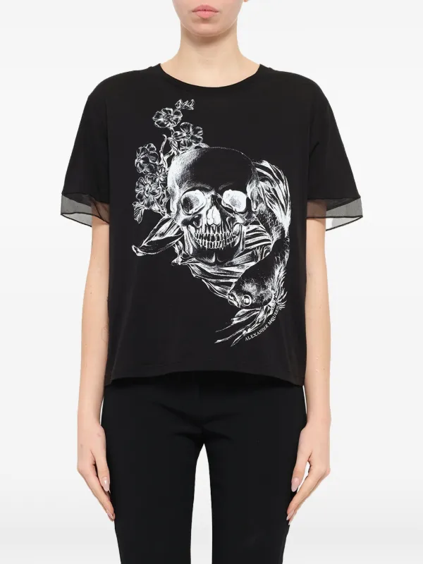 Alexander McQueen Fish Skull-printed Sheer-trim T-shirt in Black