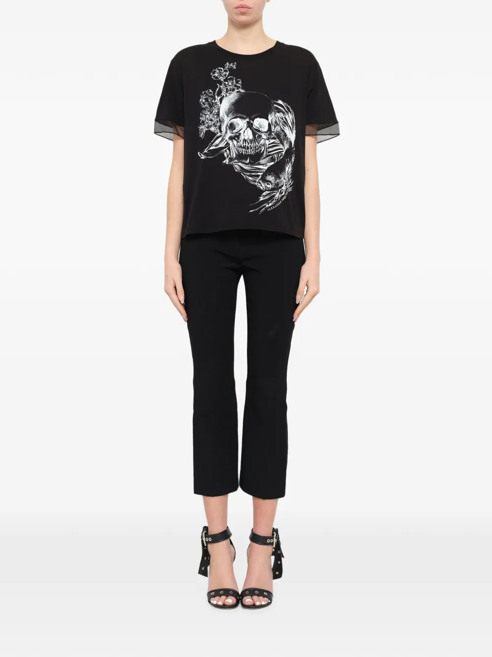 Alexander McQueen Fish Skull-printed sheer-trim T-shirt Zwart