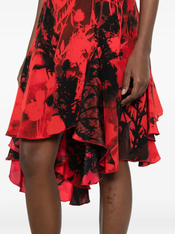 floral print asymmetrical ruffle hem dress Alexander McQueen floral-print asymmetric-hem | Red and an asymmetric handkerchief Fringe dress SKIMS Long Slip Dress Color:LIME GREEN
