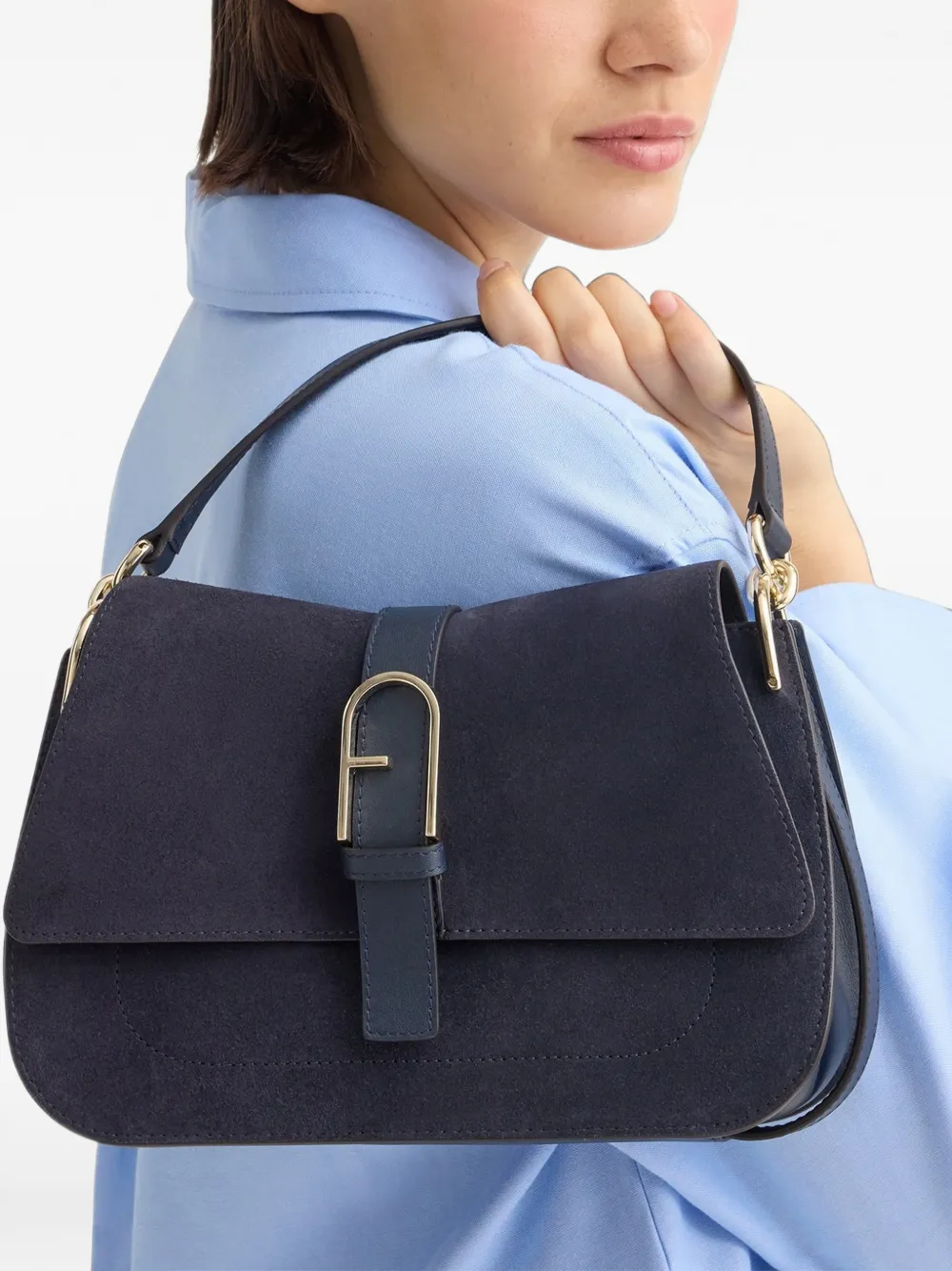 Furla Suède clutch met logoplakkaat Blauw