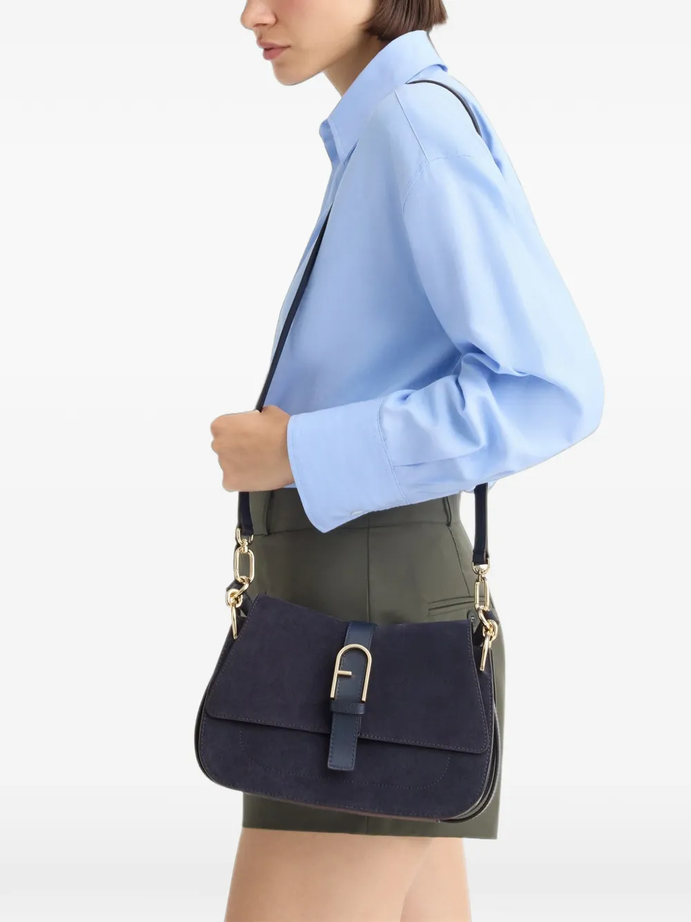 Furla Suède clutch met logoplakkaat Blauw