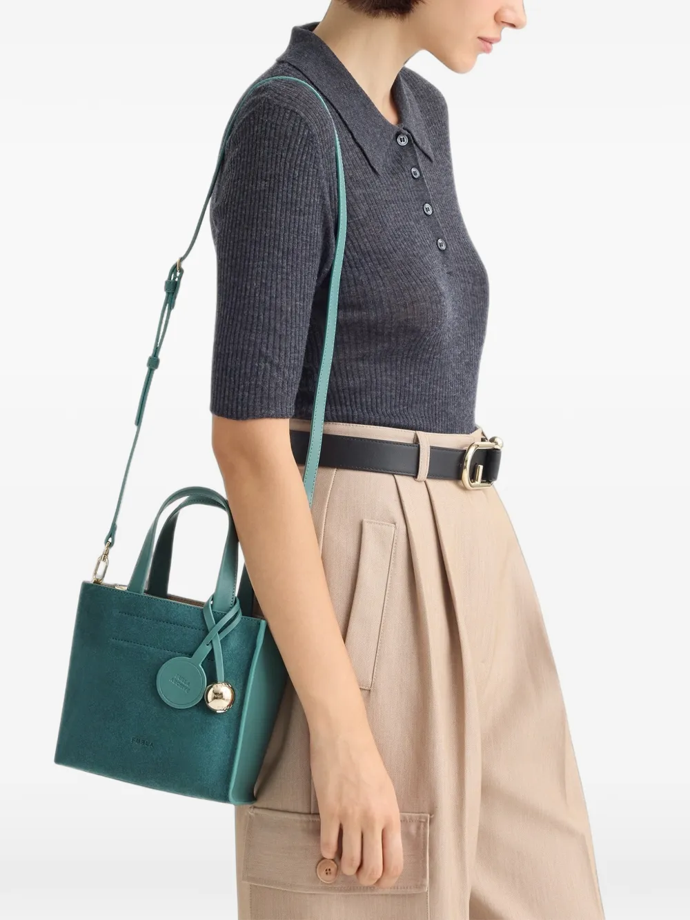 Furla Leren shopper met suède vlak Groen