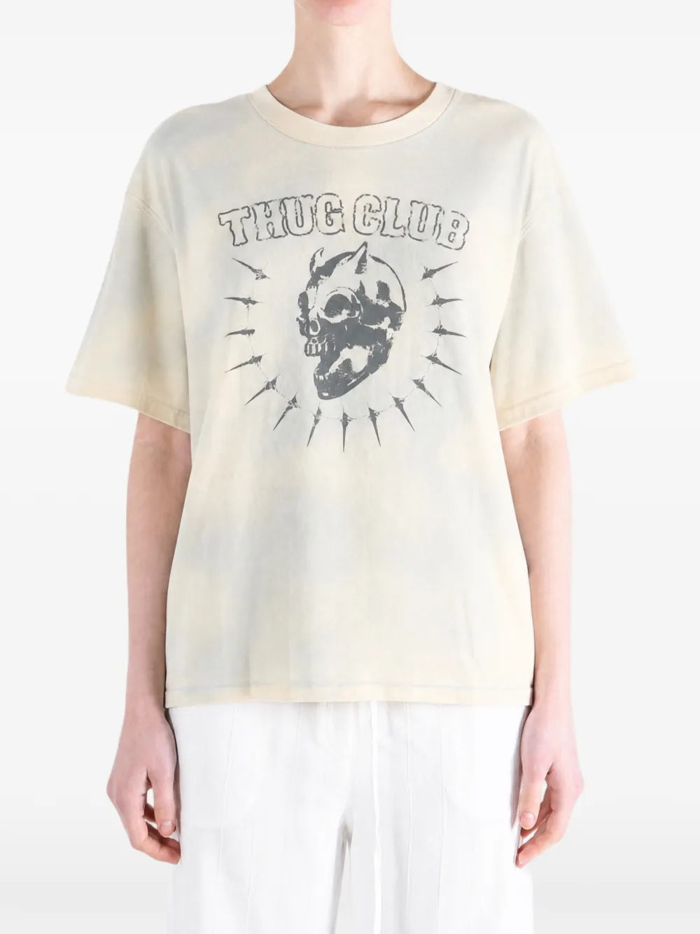 THUG CLUB T-shirt met doodskopprint Beige