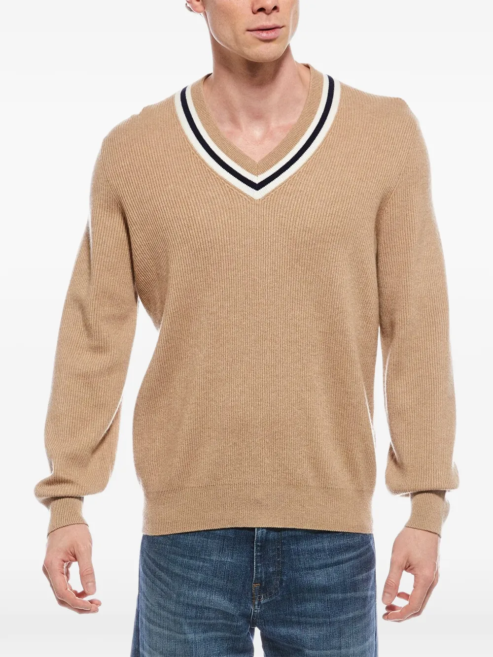 Brunello Cucinelli striped-trim V-neck sweater - Neutrals