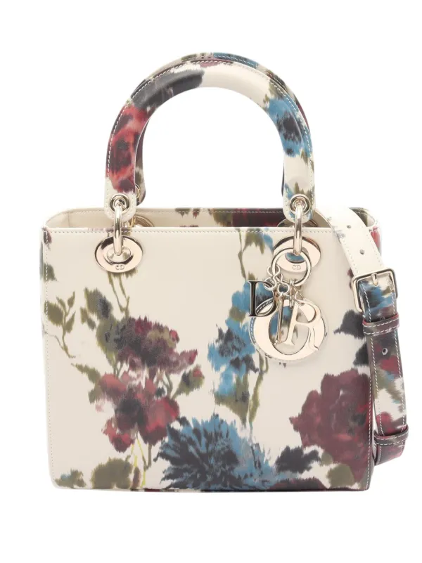 Dior Pre-owned 2010-2026 Medium Leather Floral Printed Lady Dior Crossbody Bag in White