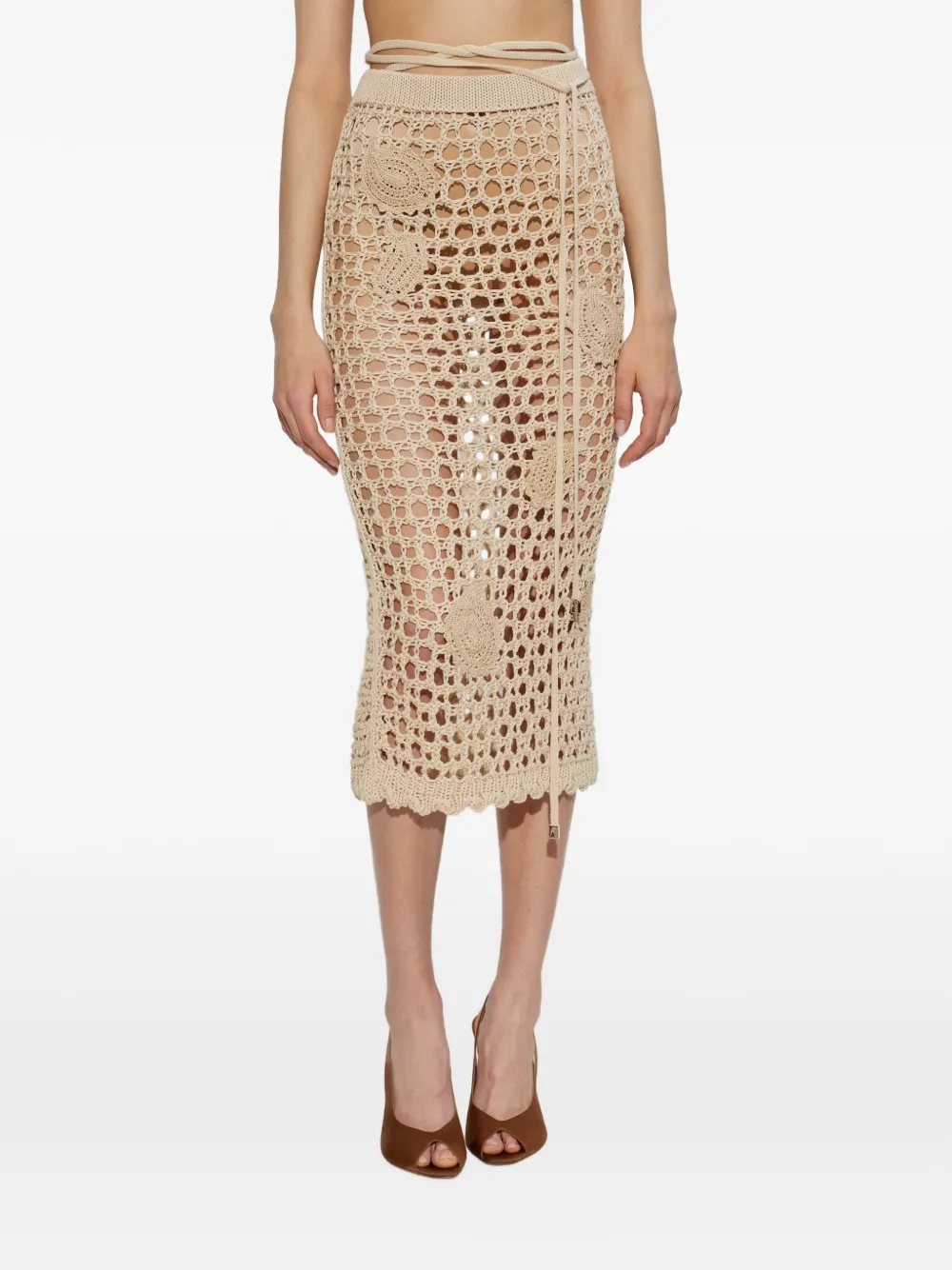 The Attico crochet-knit midi skirt - Nude