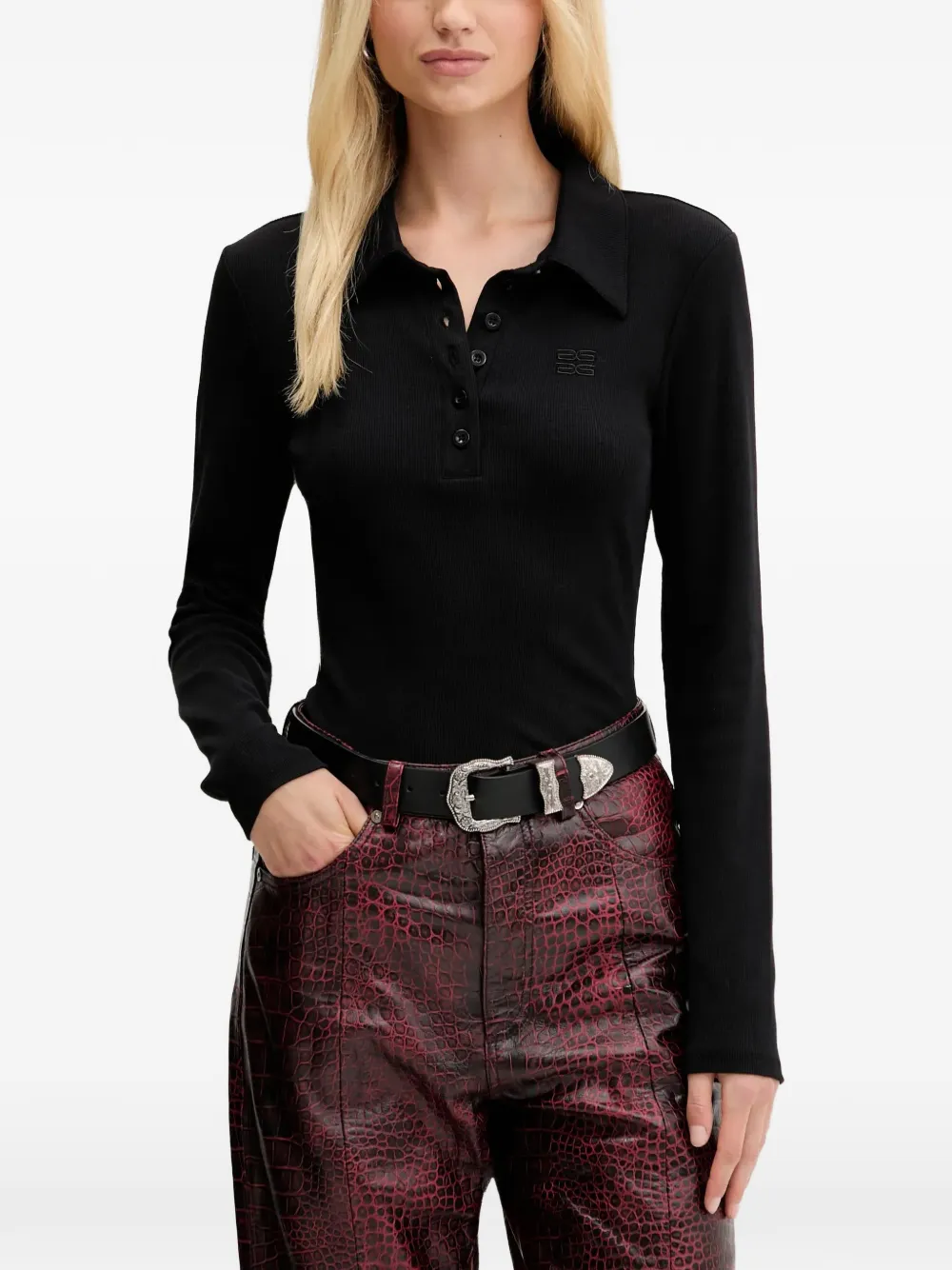 Gestuz GZdrew ribbed-knit long-sleeve polo shirt - Nero