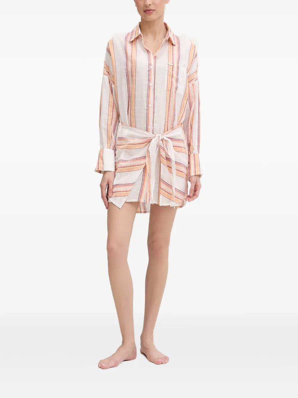Melissa Odabash Sara gestreepte mini-jurk met gestrikte taille Wit