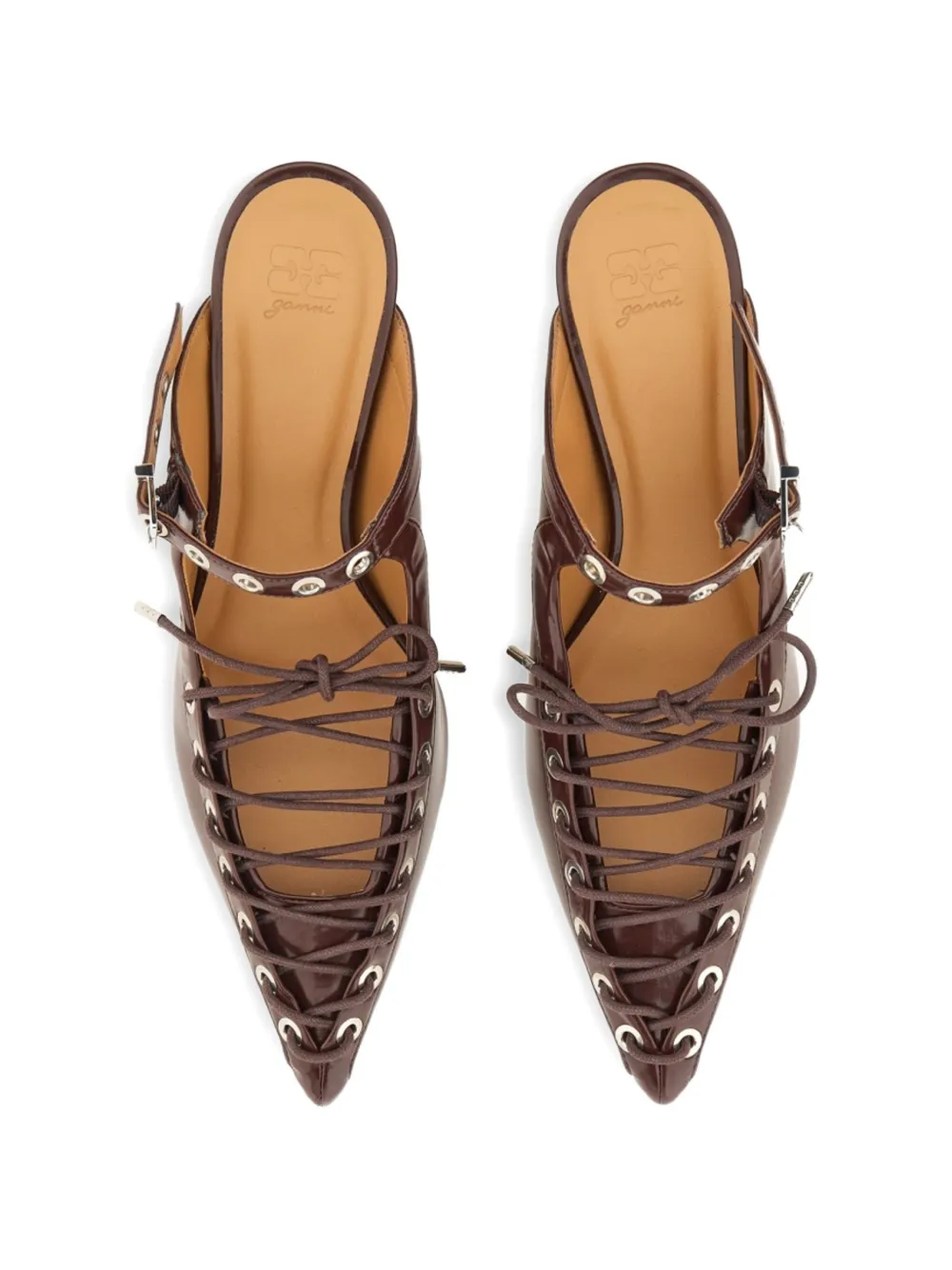 GANNI lace-up eyelet-embellished mules Rood