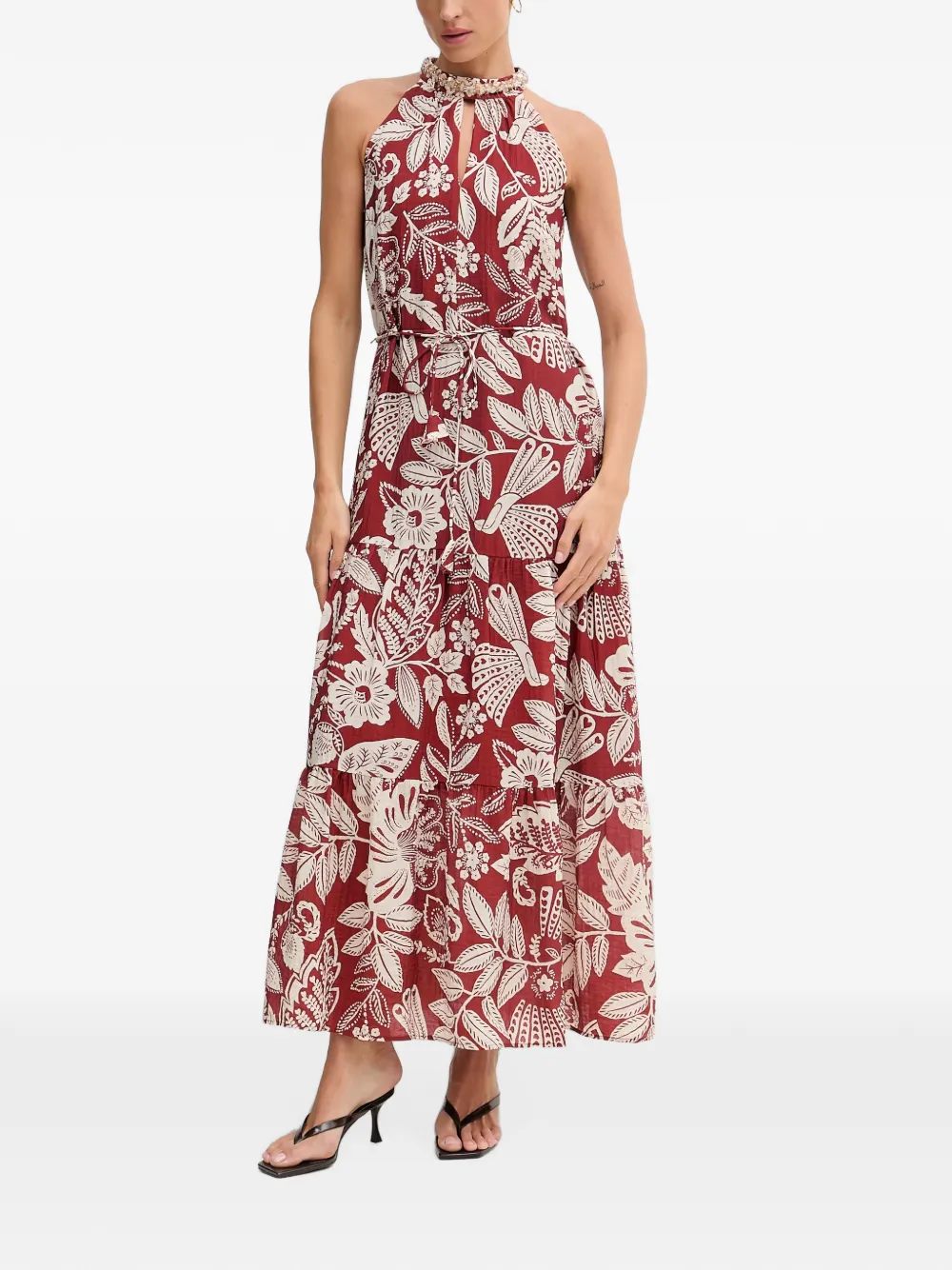 Ouí Beaded-collar Floral-print Maxi Dress In レッド
