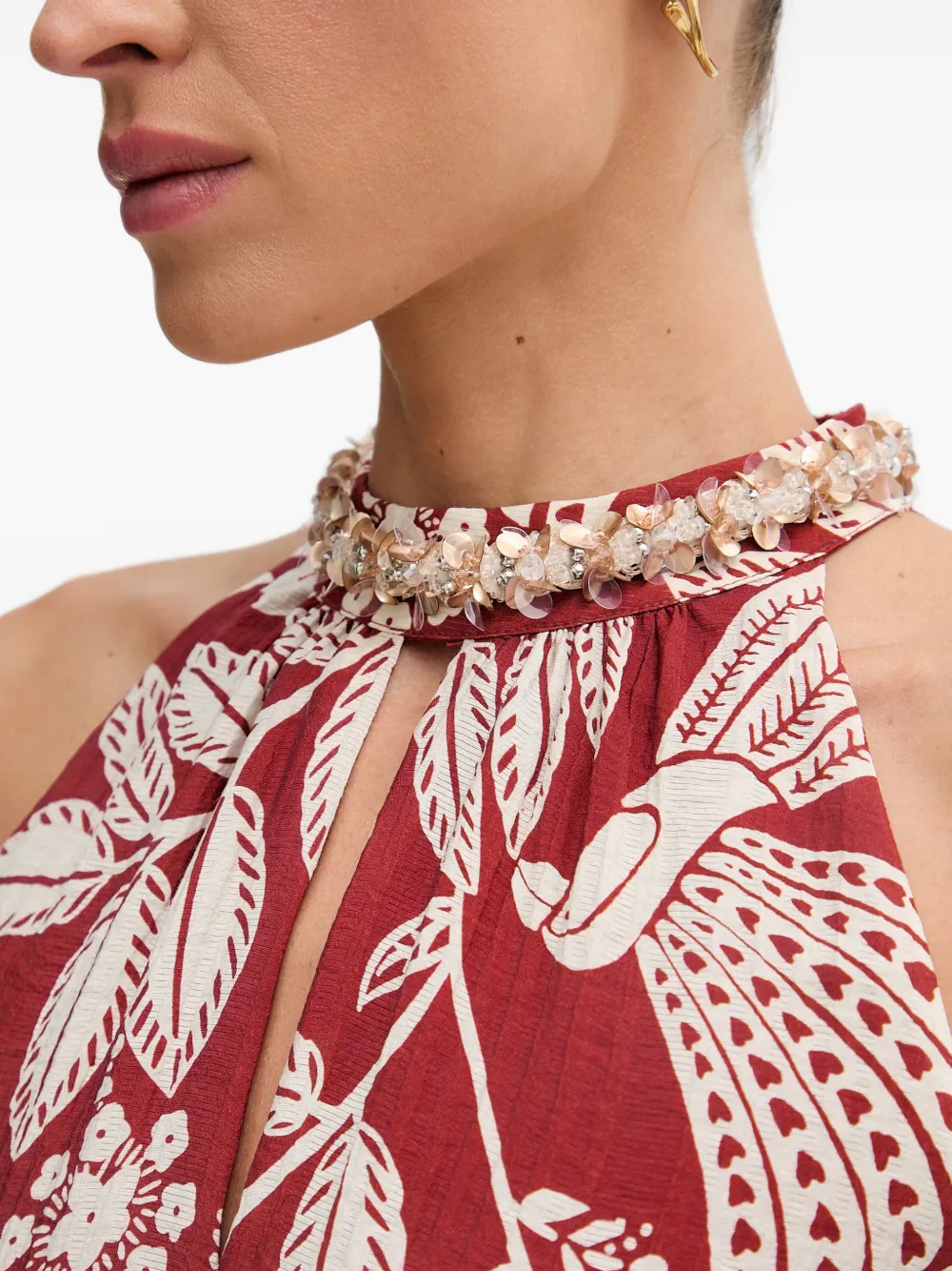 OUI Maxi-jurk met kralen op de kraag en bloemenprint Rood