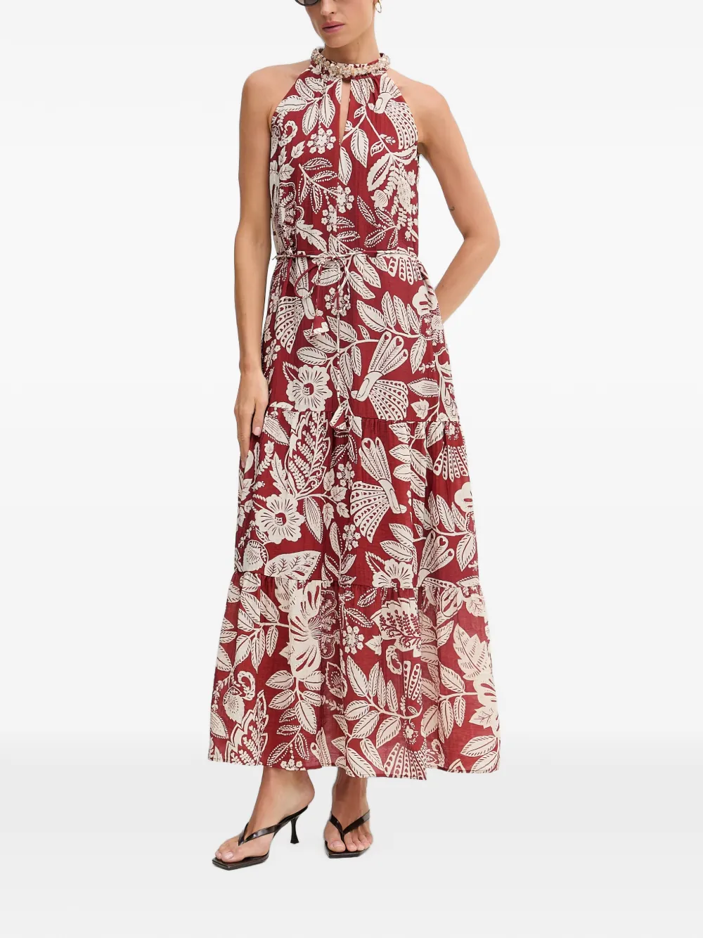 OUI Maxi-jurk met kralen op de kraag en bloemenprint Rood