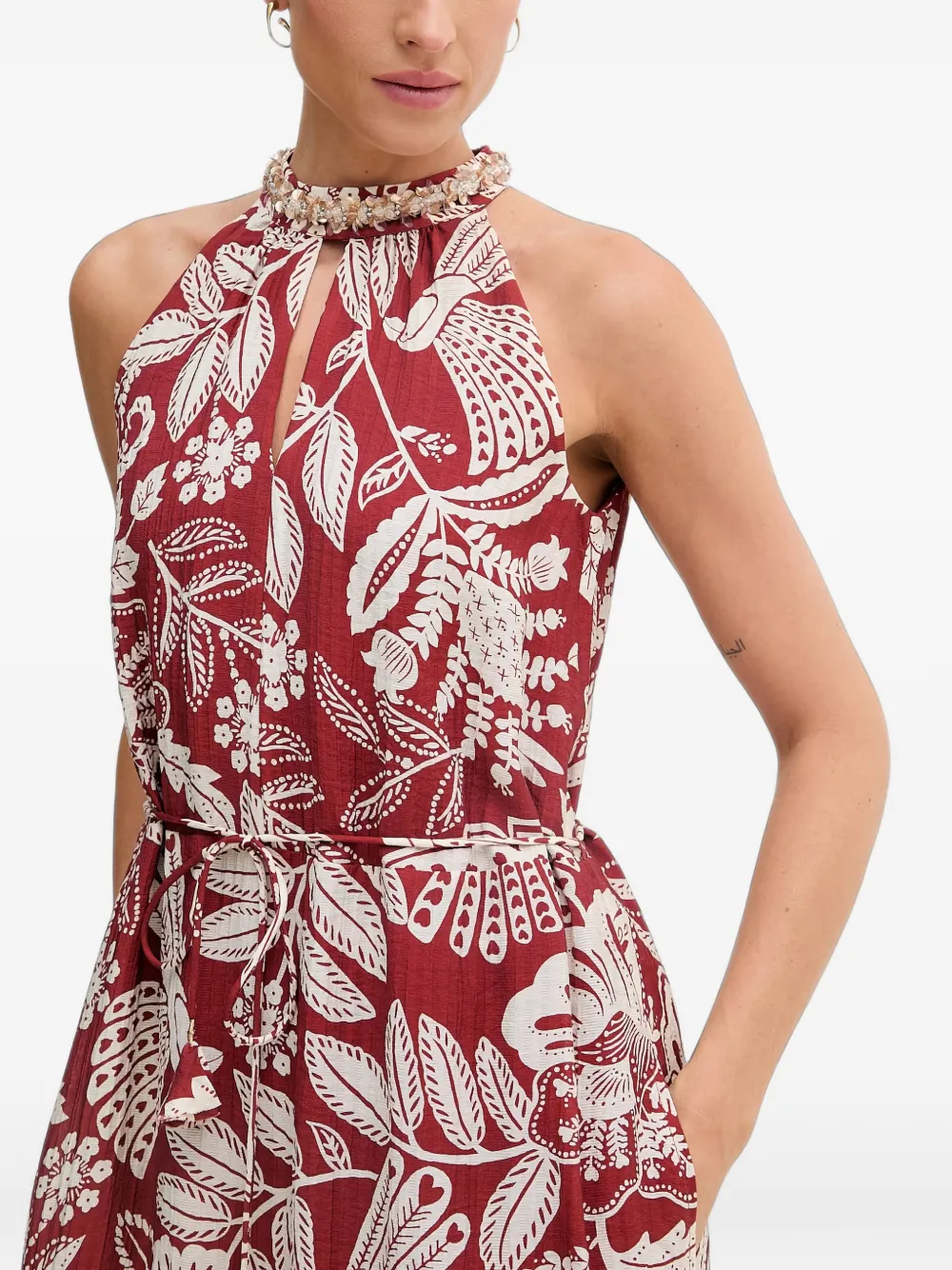 OUI Maxi-jurk met kralen op de kraag en bloemenprint Rood