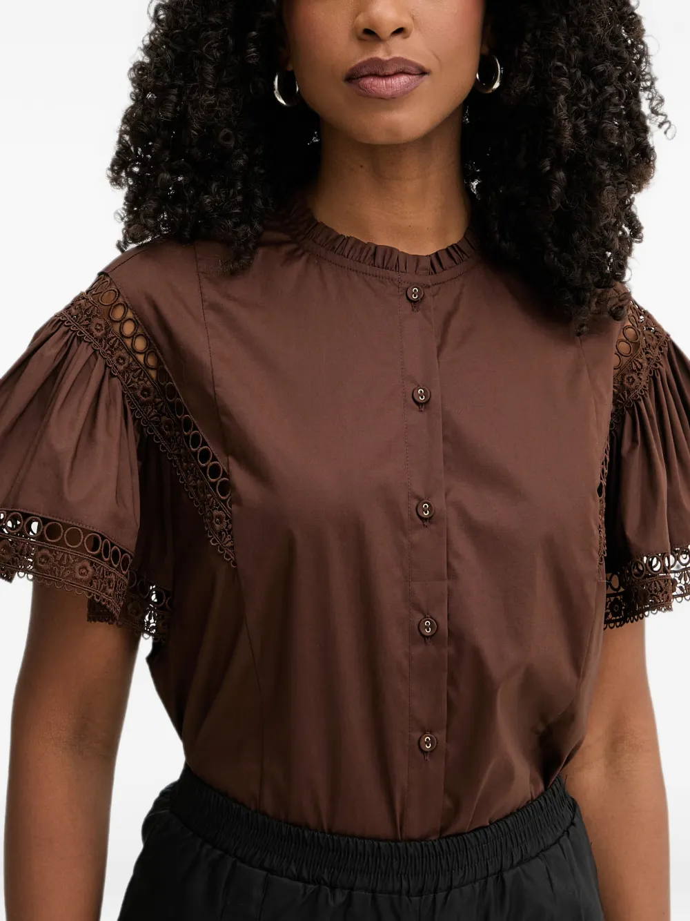 TWINSET Blouse met ruches en kanten afwerking Bruin
