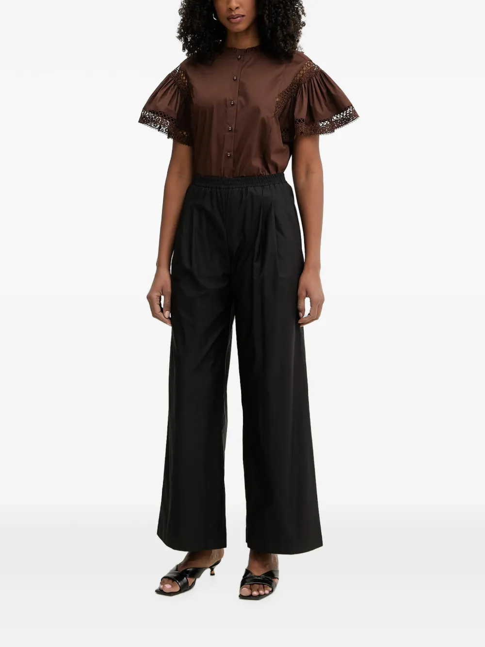TWINSET Blouse met ruches en kanten afwerking Bruin