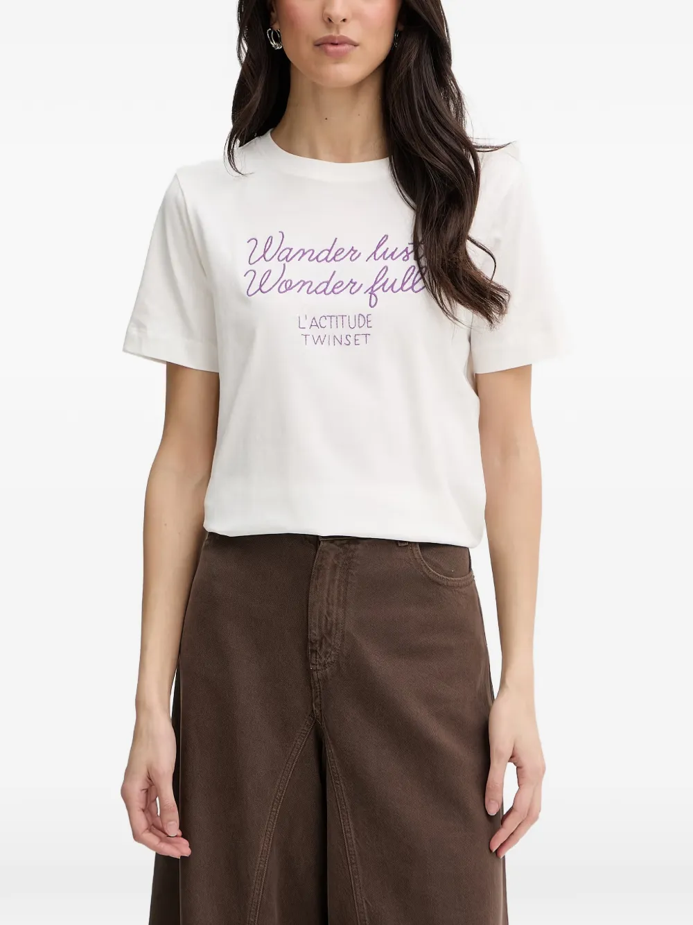 TWINSET embroidered slogan-print T-shirt - Toni neutri