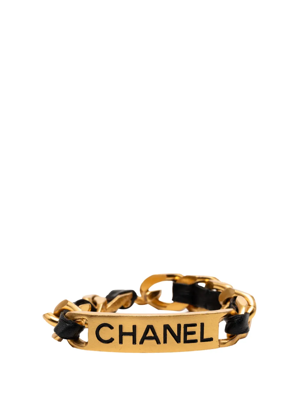 CHANEL Pre-Owned 1995 Gold Plated Leather Woven Chain Logo Plate Cuff Bracelet costume bracelet - Oro