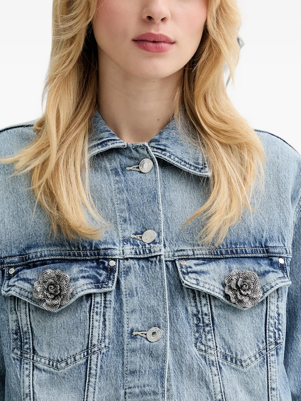 GUESS USA Denim jack verfraaid met kristallen en bloemenpatch Blauw