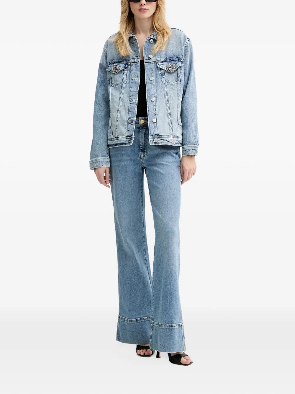 GUESS USA Denim jack verfraaid met kristallen en bloemenpatch Blauw