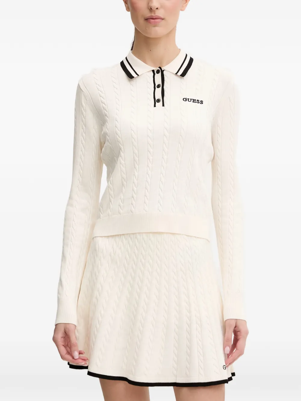 Guess Usa Cable-knit Polo-collar Sweater In White