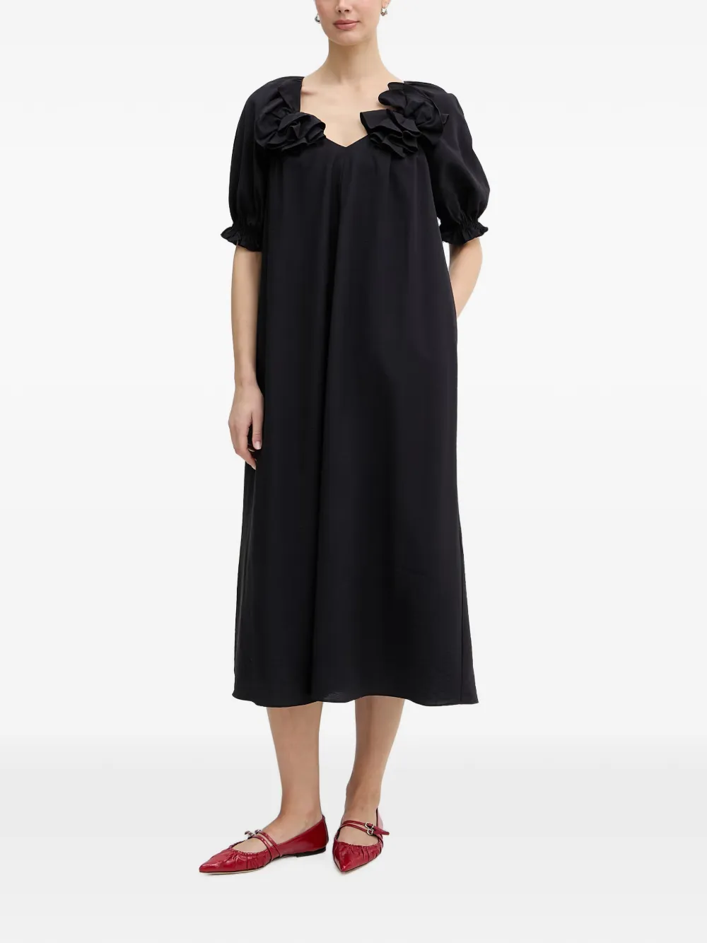 Stine Goya ruffled puff-sleeve midi dress - Nero