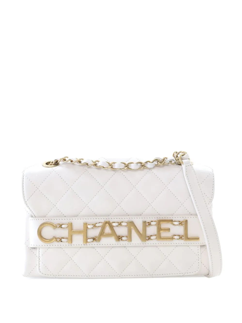 CHANEL Pre-Owned 2019 Medium Quilted Calfskin Logo Enchained Flap crossbody bag - Bianco
