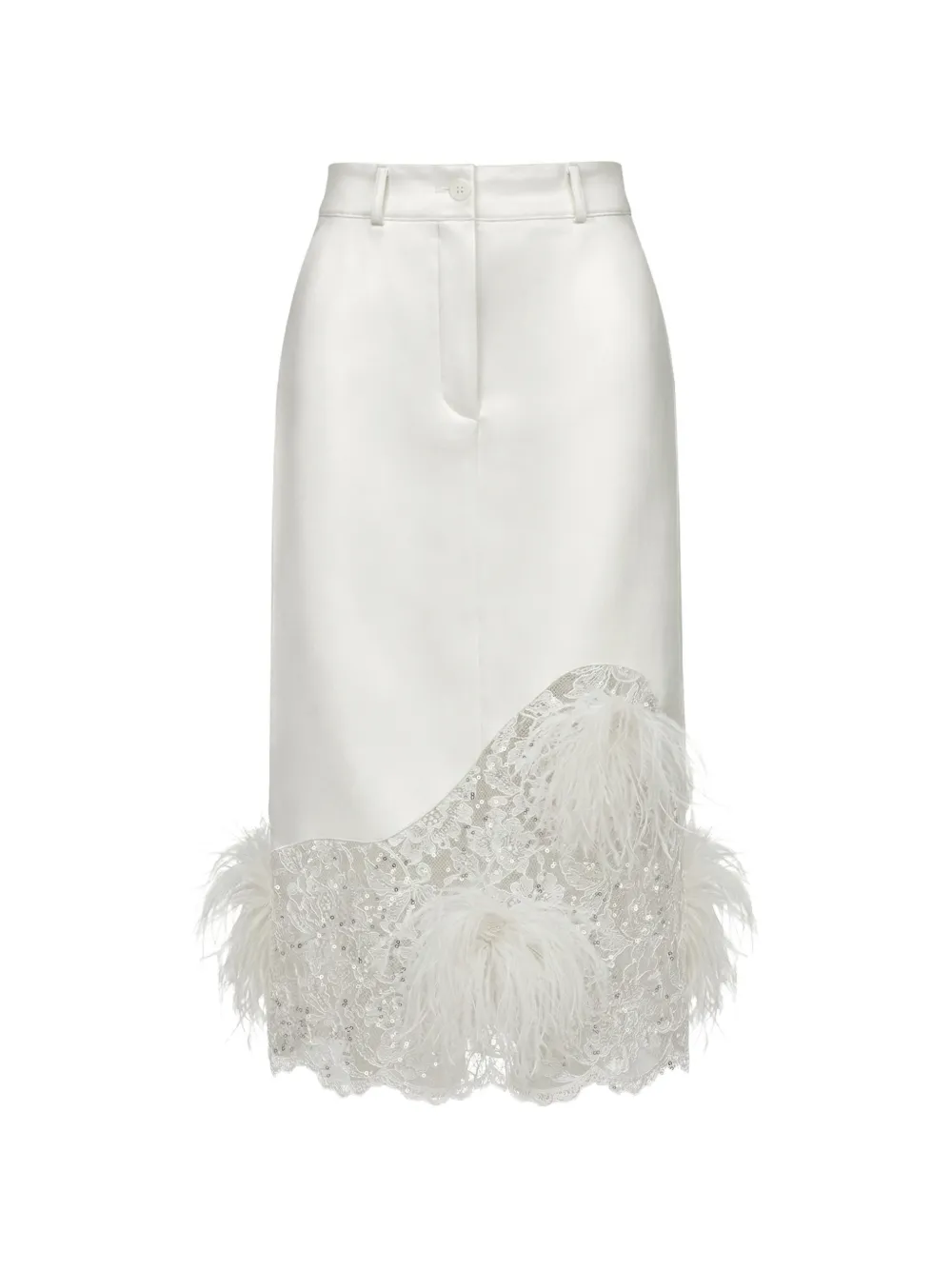 Almaz Highway feather-trimmed lace-panel midi skirt - Bianco